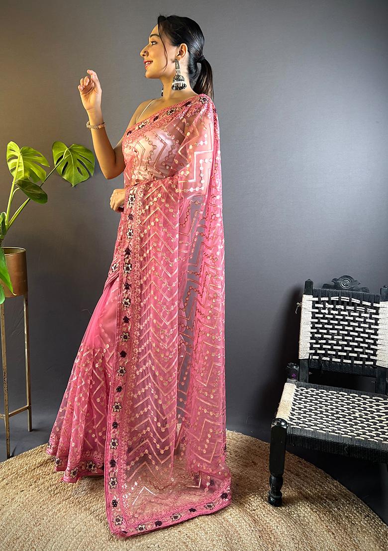 Pink Embroidered Net Saree Set