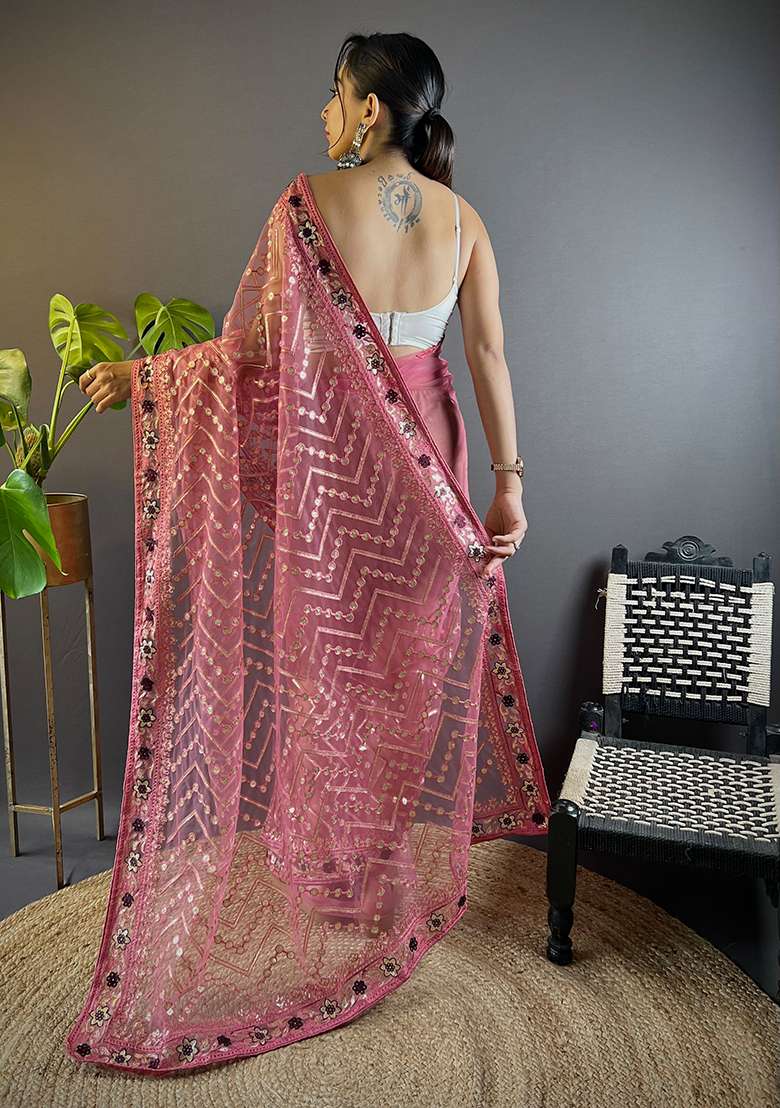 Pink Net Saree Set with Embroidered for Diwali | Wedding & Festive Wear - Indya