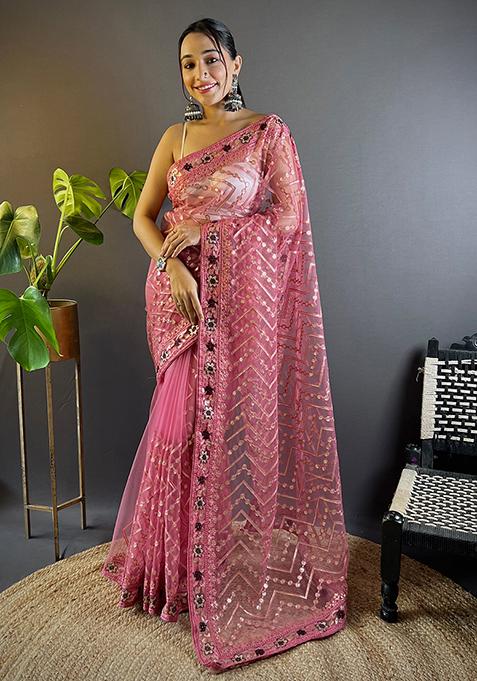 Pink Embroidered Net Saree Set