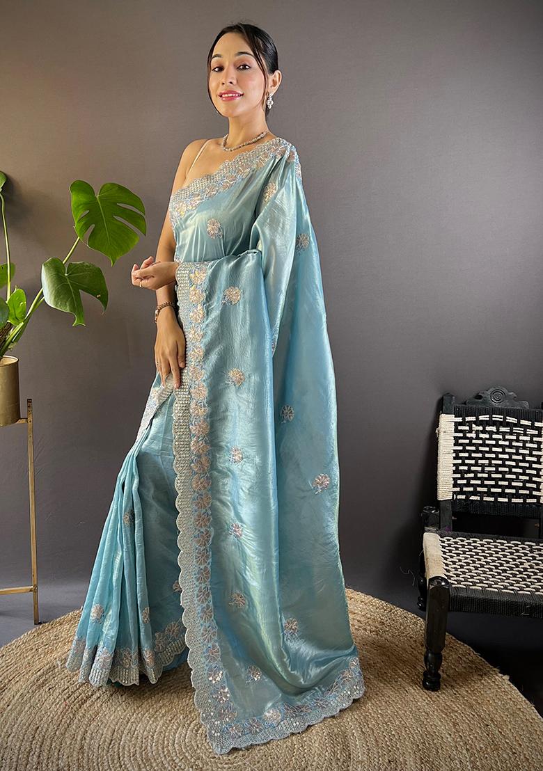 Blue Embroidered Art Silk Saree Set
