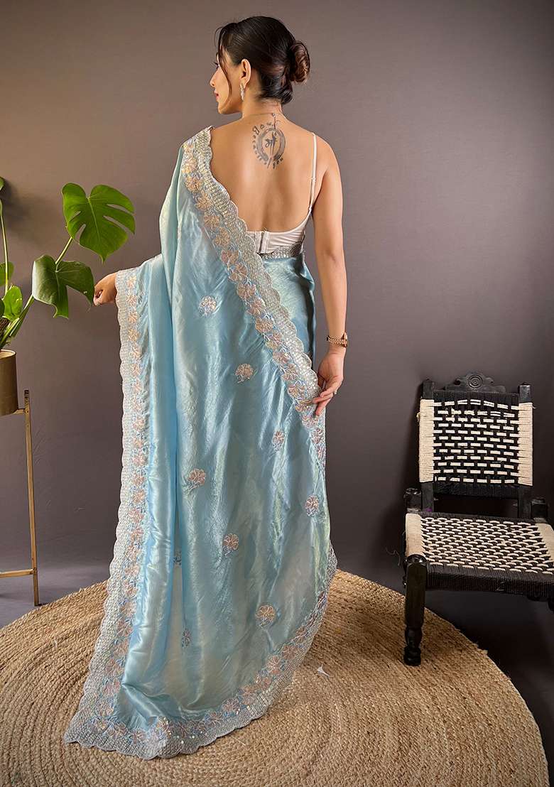 Blue Embroidered Art Silk Saree Set for Diwali and Festive Wear - Indya