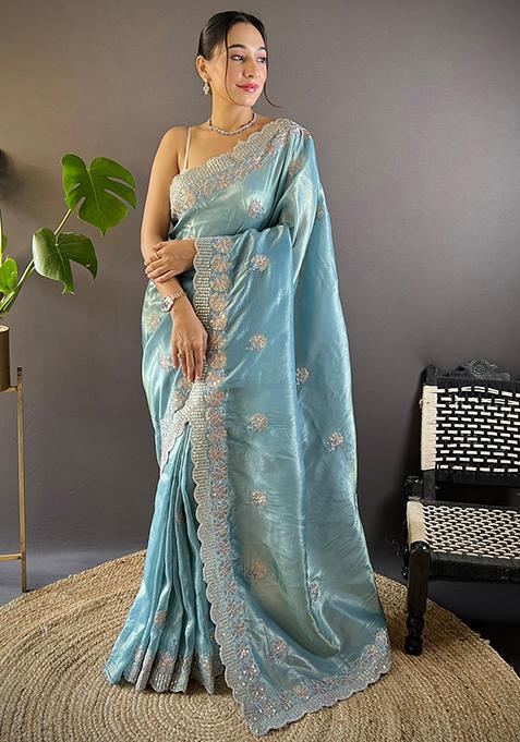 Blue Embroidered Art Silk Saree Set