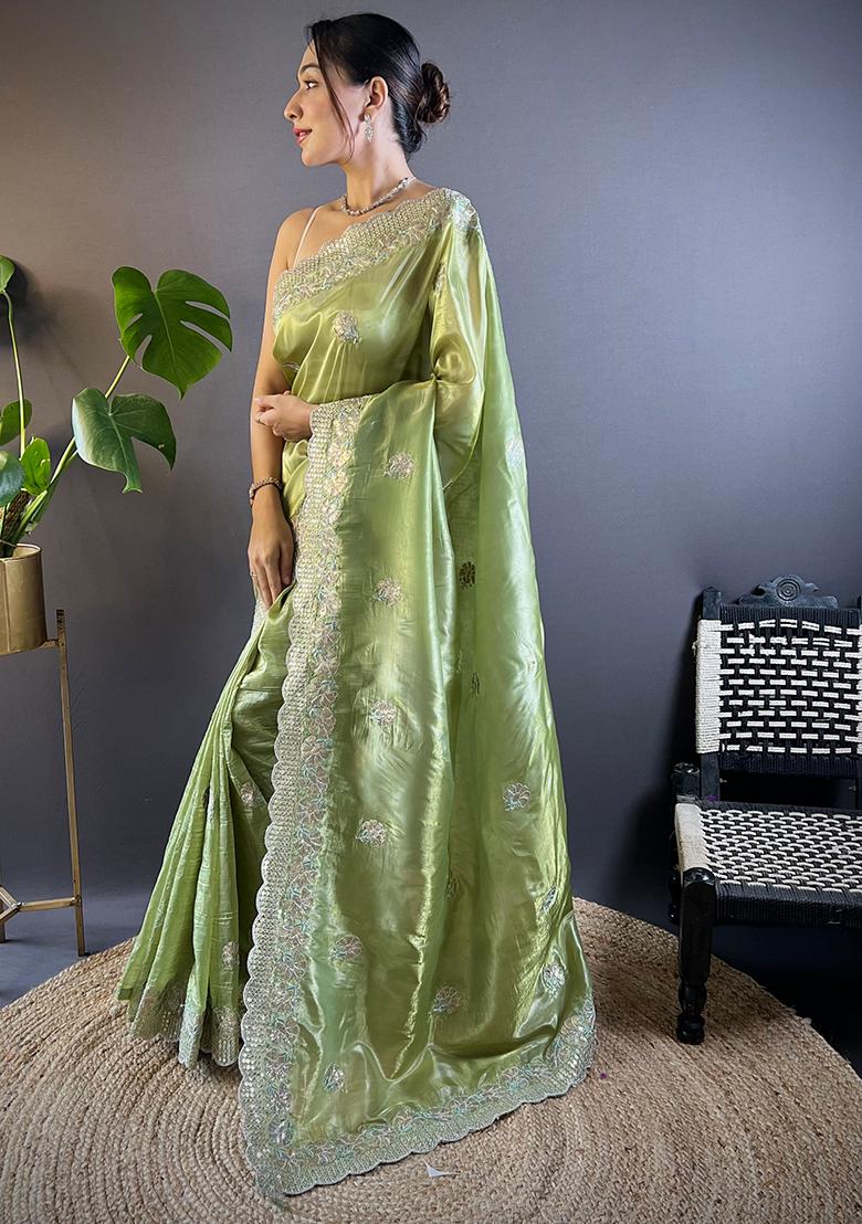 Green Embroidered Art Silk Saree Set