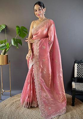 Pink Embroidered Art Silk Saree Set