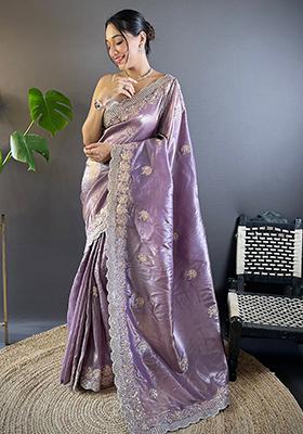 Purple Embroidered Art Silk Saree Set