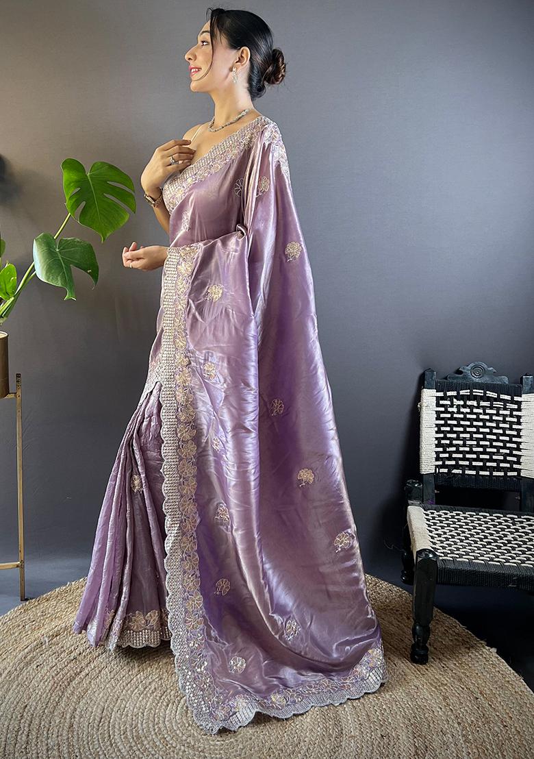 Purple Embroidered Art Silk Saree Set