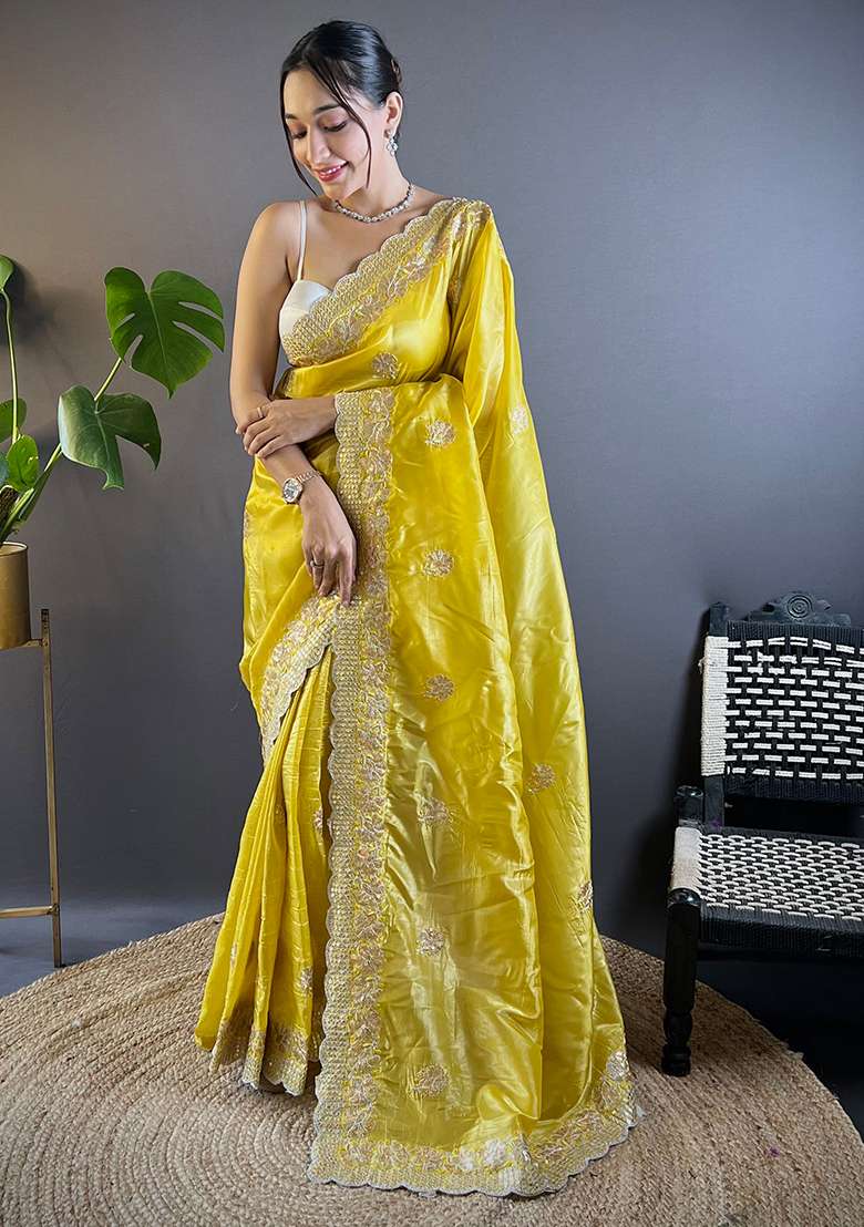 Yellow Embroidered Art Silk Saree Set for Diwali and Festive Wear - Indya