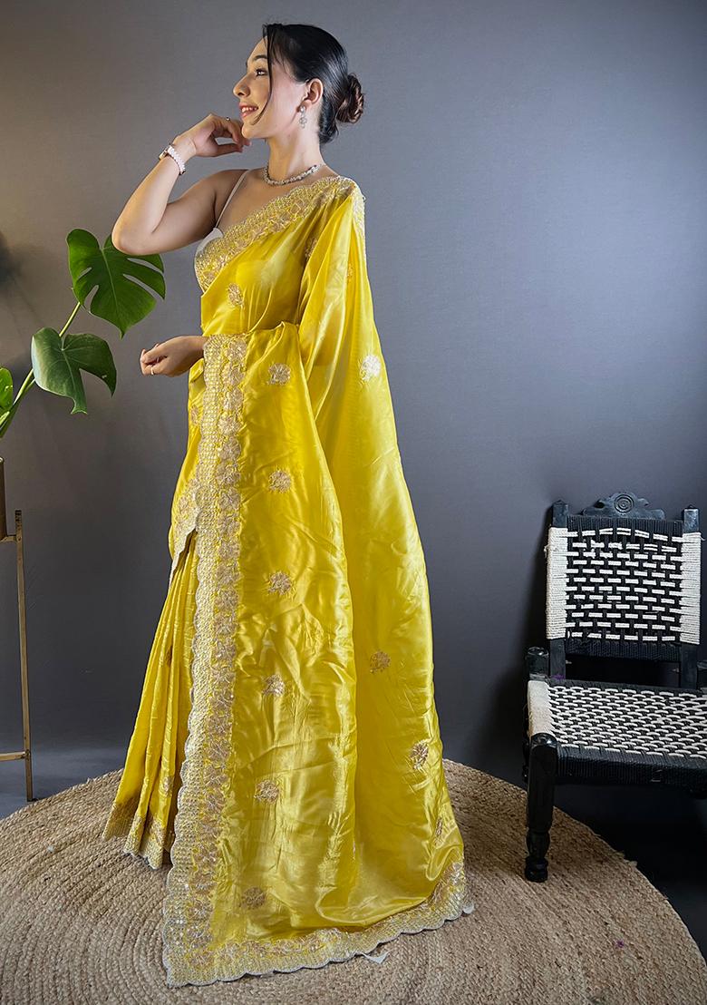 Yellow Embroidered Art Silk Saree Set