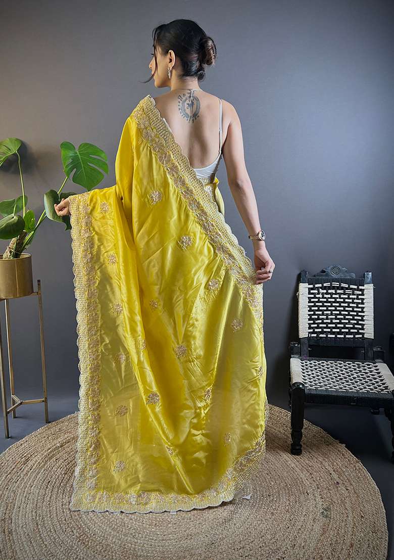 Yellow Embroidered Art Silk Saree Set for Diwali and Festive Wear - Indya