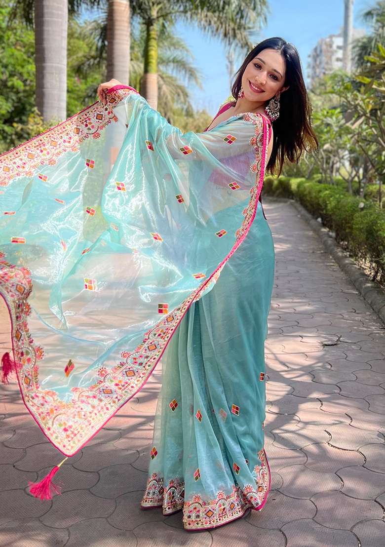 Blue Embroidered Art Silk Saree Set - Indya