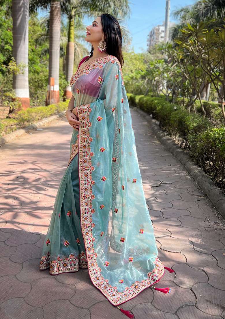 Blue Embroidered Art Silk Saree Set - Indya