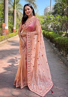 Peach Embroidered Art Silk Saree Set