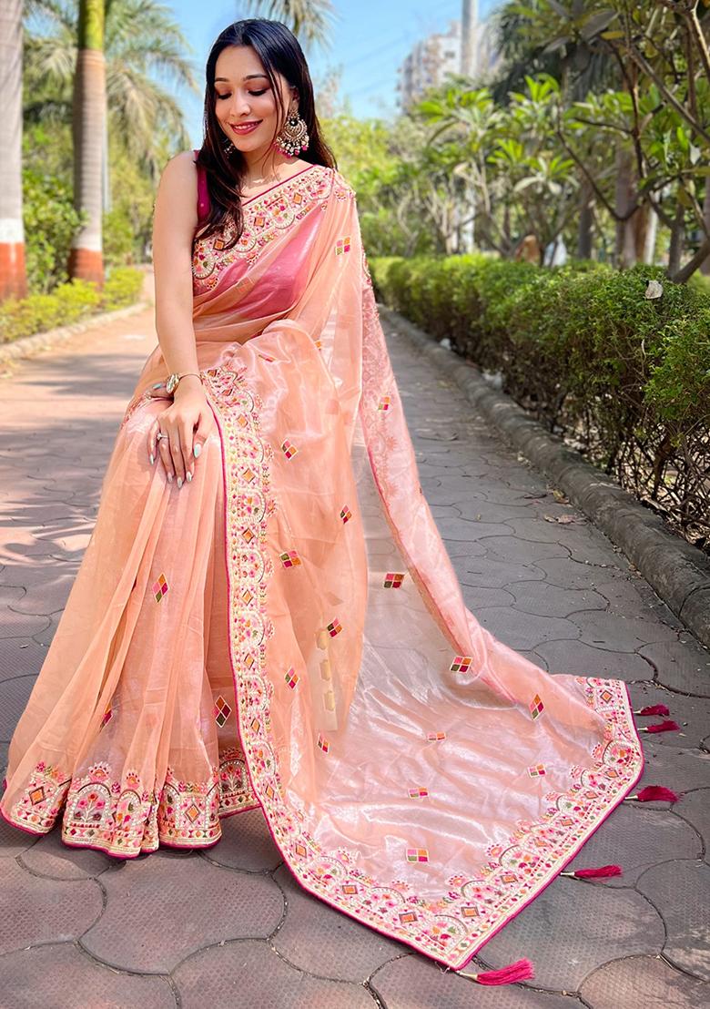 Peach Embroidered Art Silk Saree Set