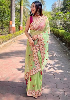 Green Embroidered Art Silk Saree Set