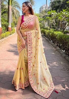 Yellow Embroidered Art Silk Saree Set