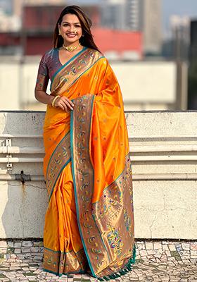 Orange Zari Woven Art Silk Saree Set