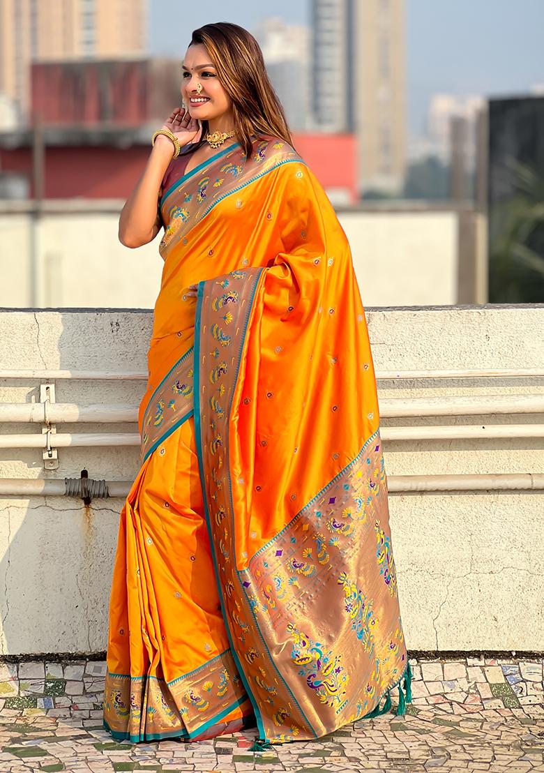 Orange Zari Woven Art Silk Saree Set