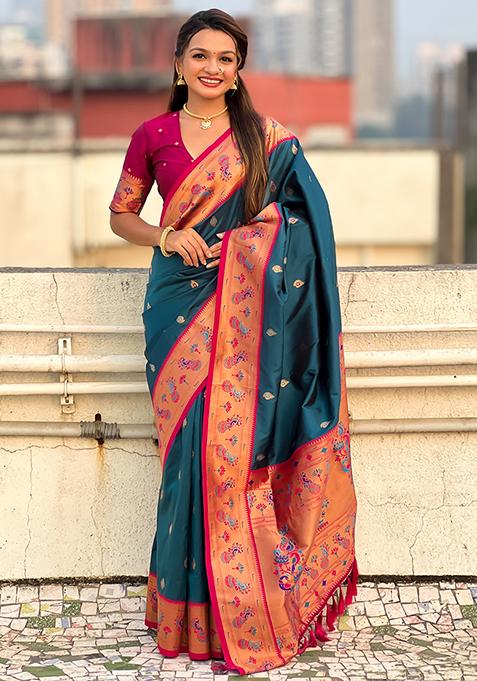 Blue Zari Woven Art Silk Saree Set