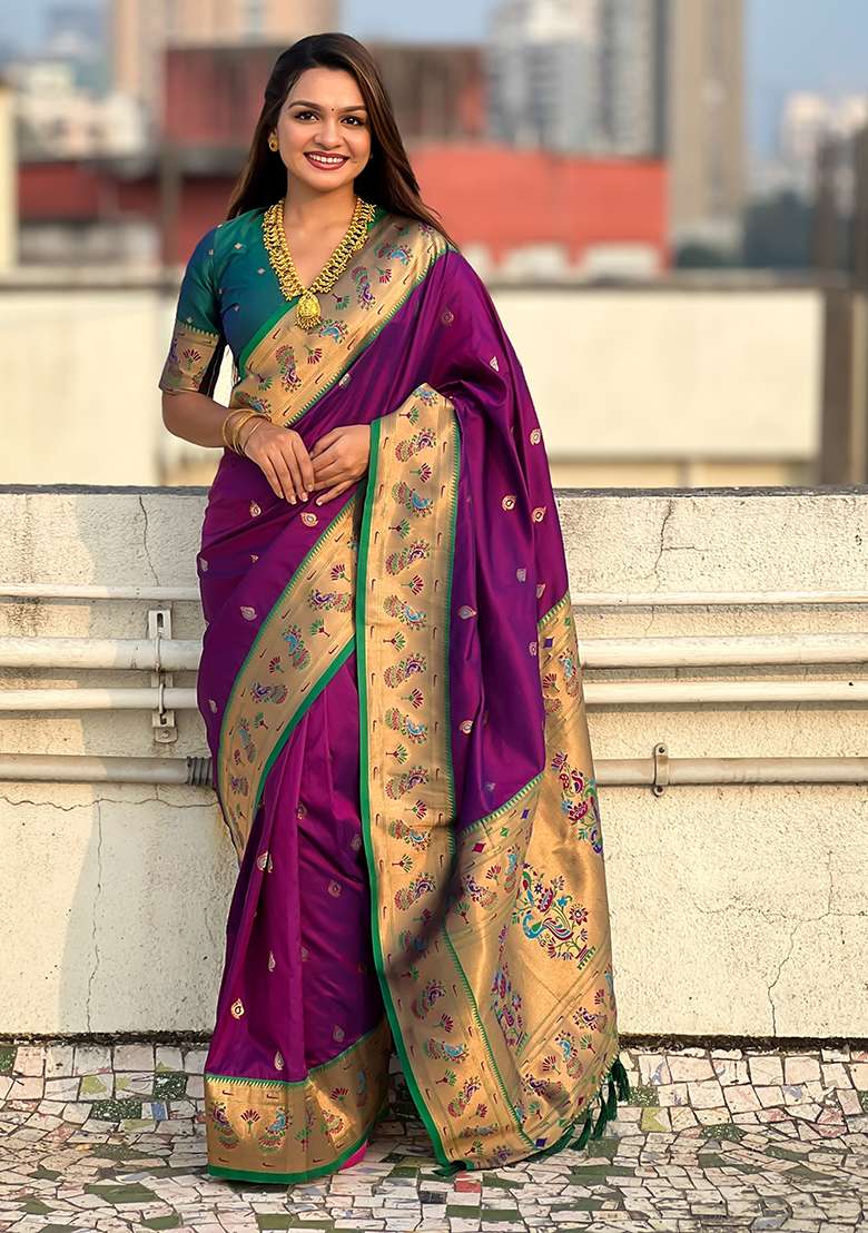 Purple Zari Woven Art Silk Saree Set - Indya