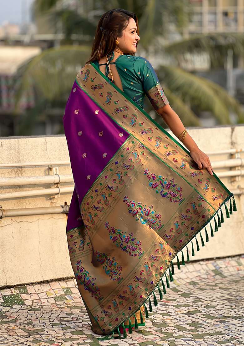 Purple Zari Woven Art Silk Saree Set - Indya
