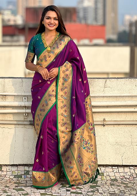 Purple Zari Woven Art Silk Saree Set