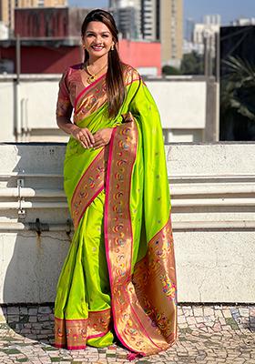 Green Zari Woven Art Silk Saree Set