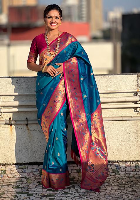 Blue Zari Woven Art Silk Saree Set