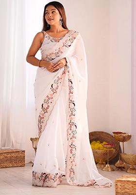 White Sequin Work Art Silk Saree Set