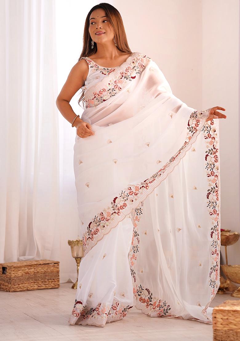 White Sequin Work Art Silk Saree Set