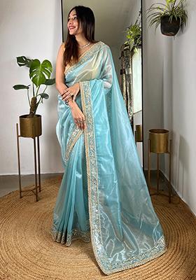 Blue Sequin Work Art Silk Saree Set