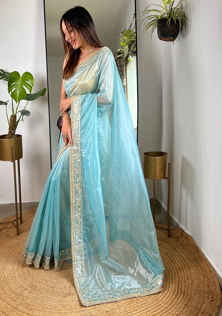 Blue Sequin Work Art Silk Saree Set