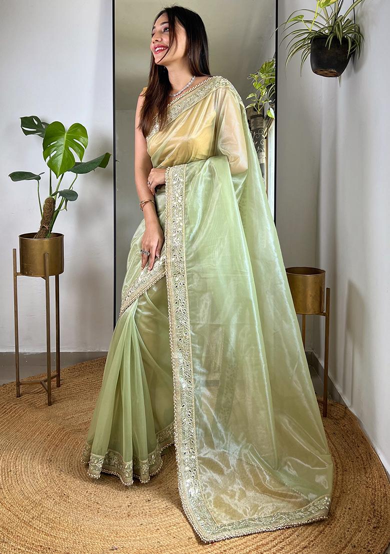 Green Sequin Work Art Silk Saree Set