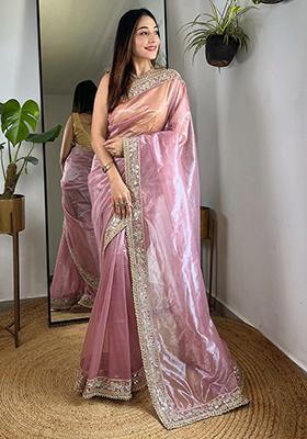 Pink Sequin Work Art Silk Saree Set