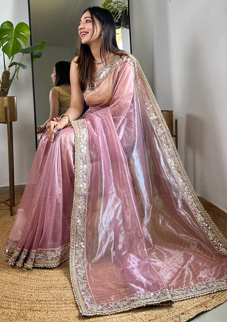 Pink Sequin Work Art Silk Saree Set