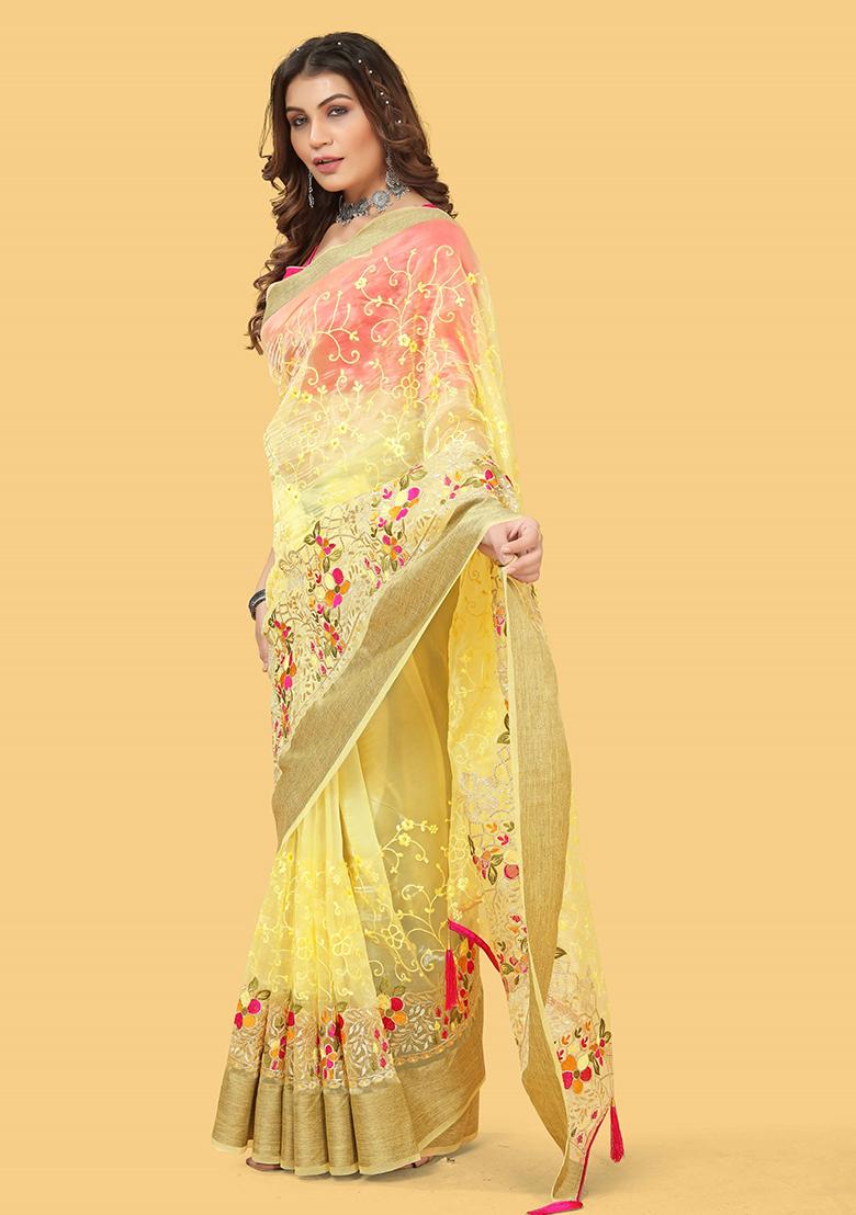Yellow Embroidered Organza Saree Set