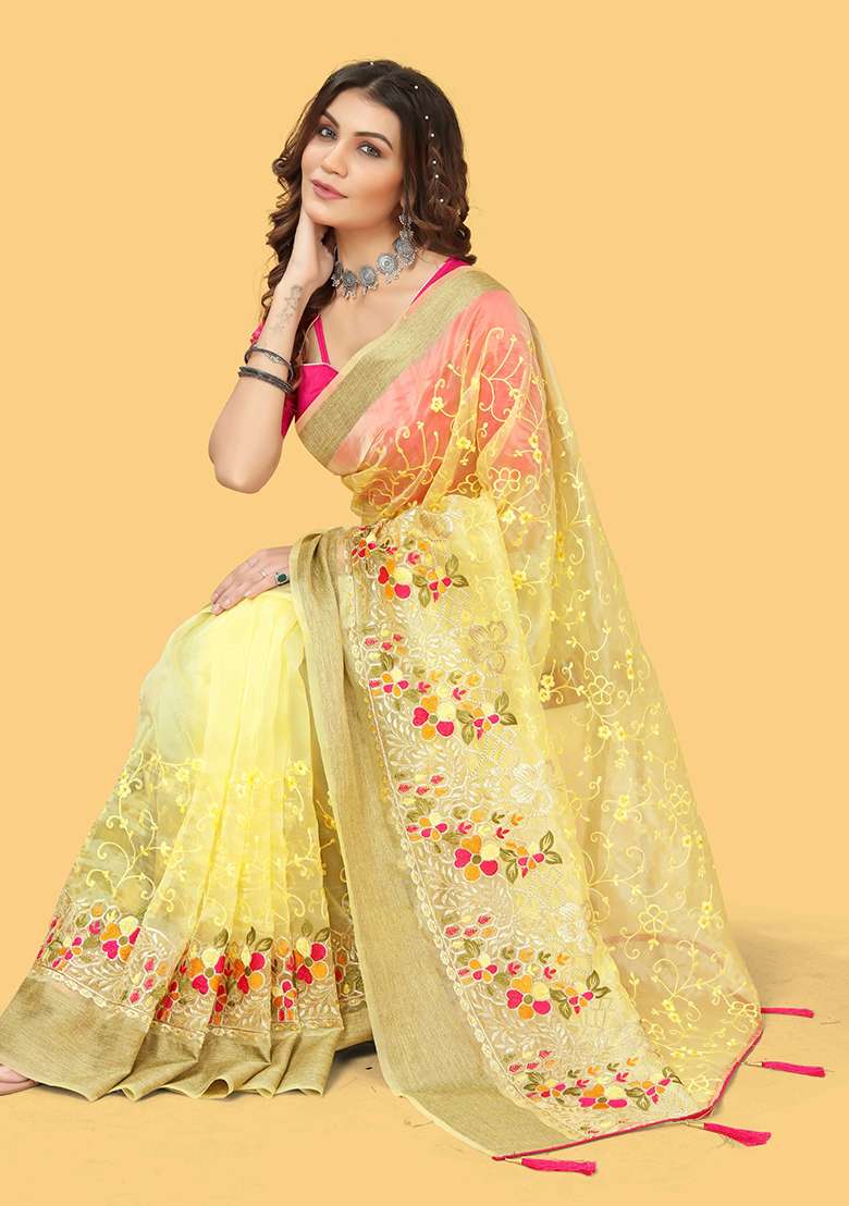 Yellow Organza Saree Set with Embroidered for Diwali | Wedding & Festive Wear - Indya