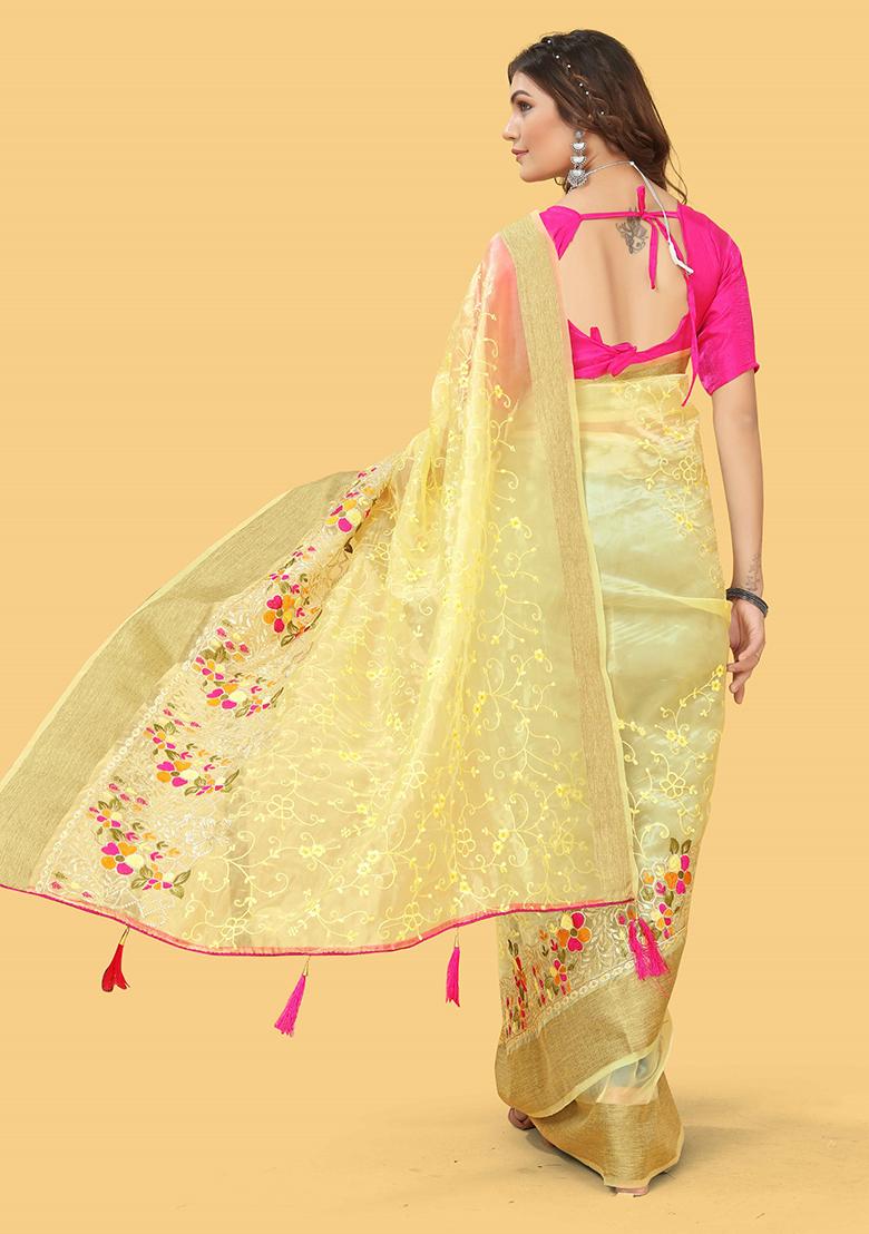 Yellow Embroidered Organza Saree Set