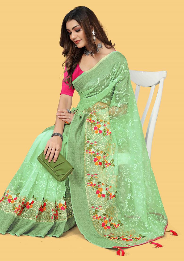 Green Embroidered Organza Saree Set