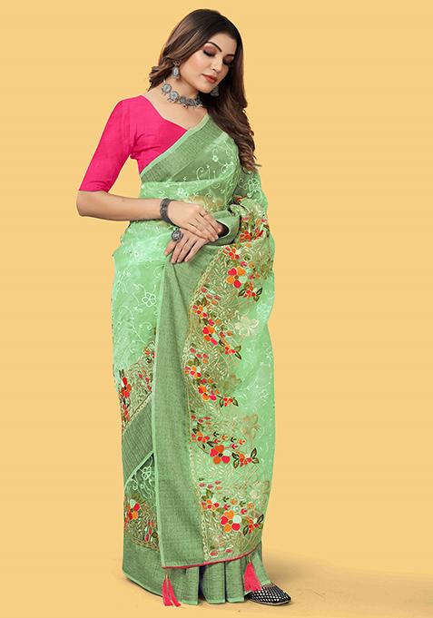 Green Embroidered Organza Saree Set