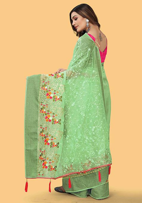 Green Embroidered Organza Saree Set