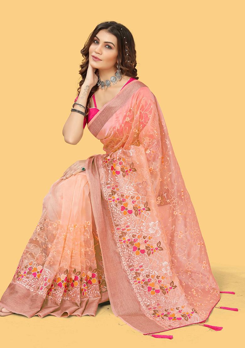 Orange Embroidered Organza Saree Set