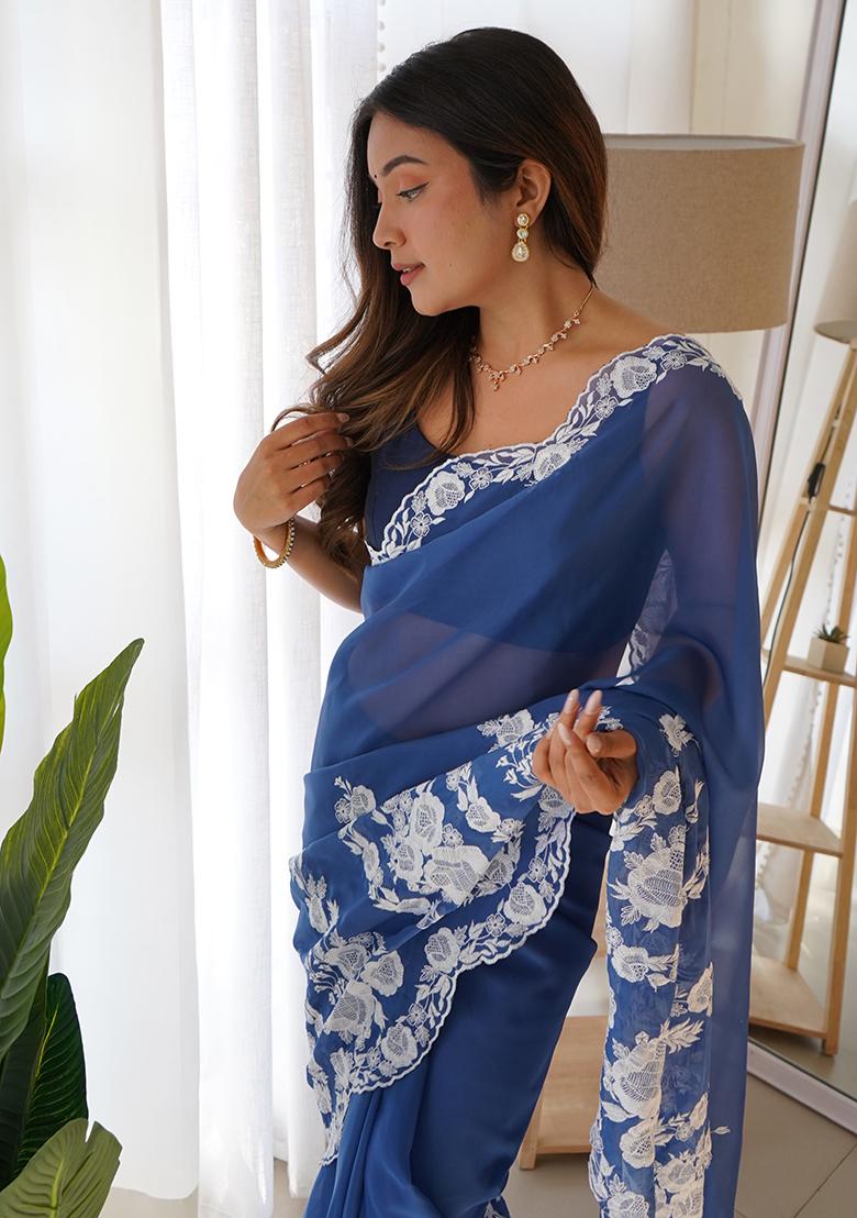 Blue Embroidered Organza Saree Set