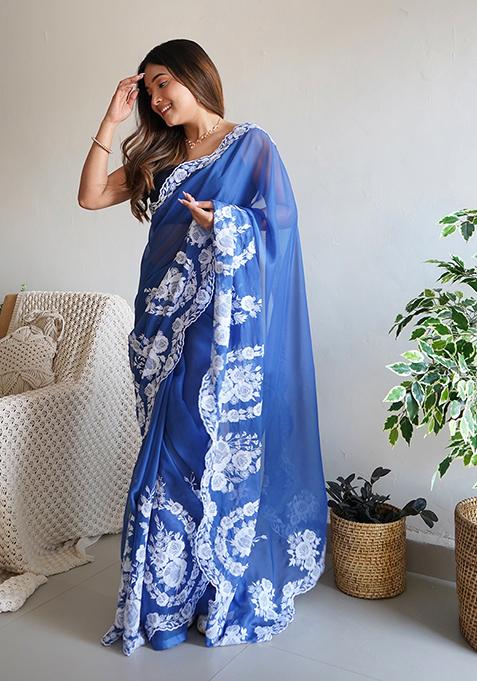 Blue Embroidered Organza Saree Set