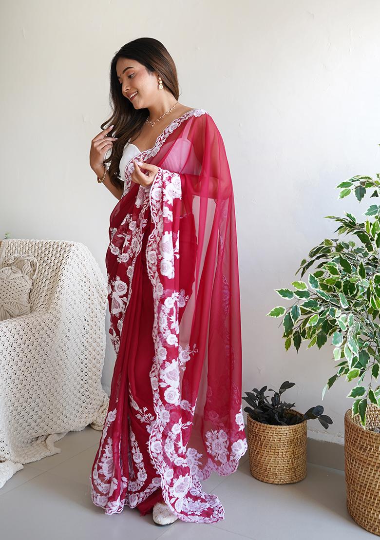 Red Embroidered Organza Saree Set