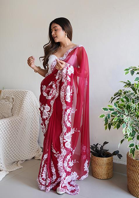 Red Embroidered Organza Saree Set