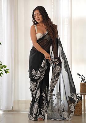 Black Embroidered Organza Saree Set