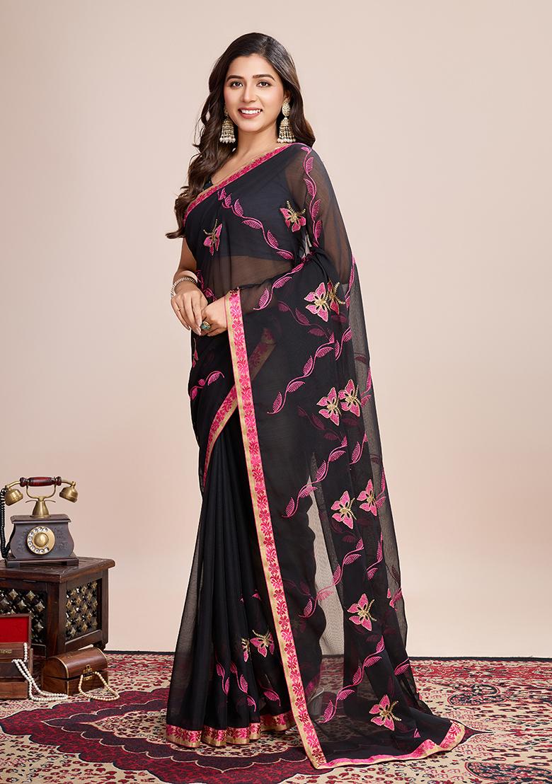Black Embroidered Georgette Saree Set