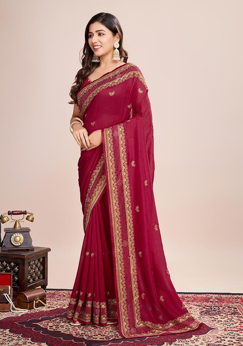 Red Embroidered Art Silk Saree Set