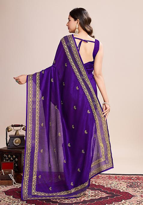Wine Embroidered Art Silk Saree Set