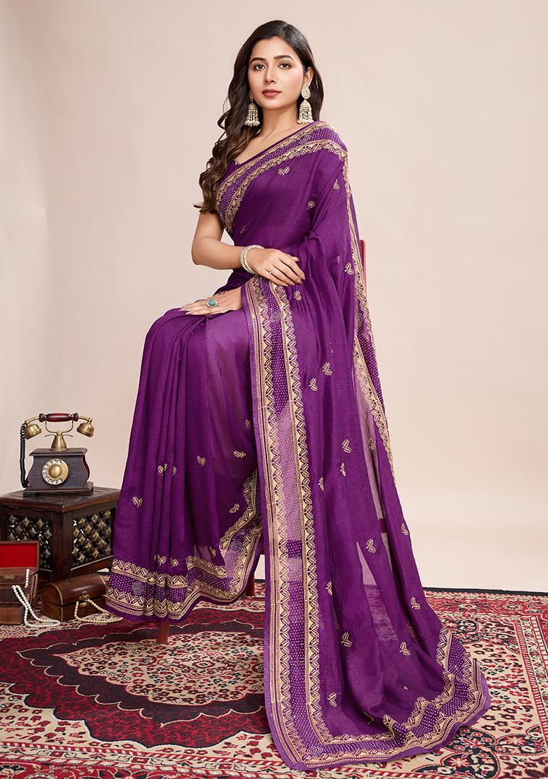 Violet Embroidered Art Silk Saree Set